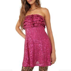 NEW $168 FREE PEOPLE [‎ 6 ] Frida Sequin Ruffle Minidress In Berry Pink #Q383